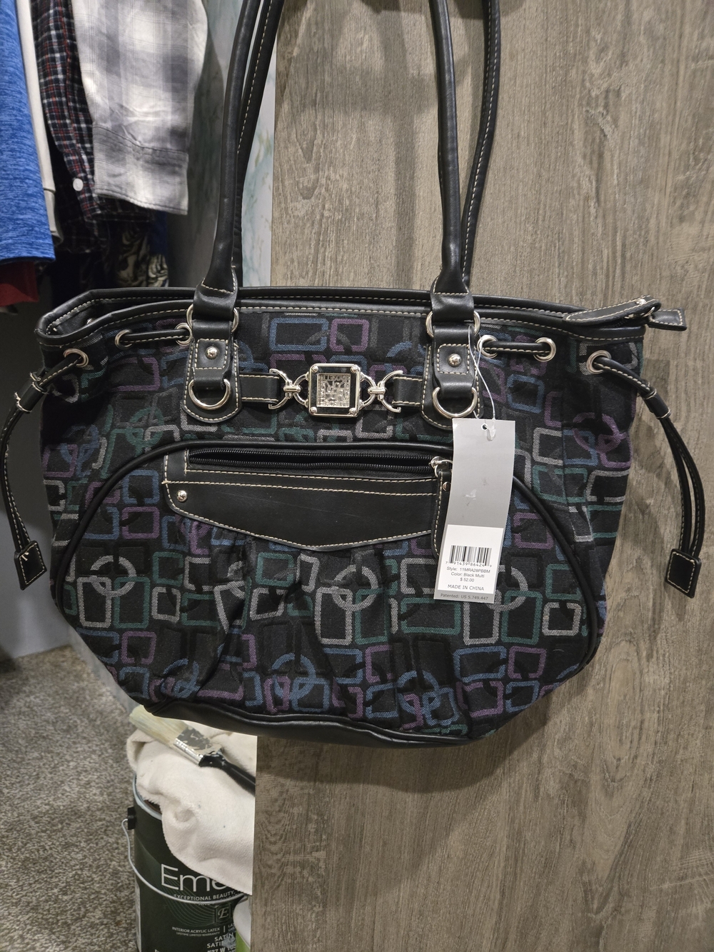 Rosetti Black Tote Bag with Teal & Purple Geometric Print Nwt